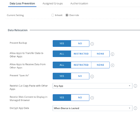 Workspace ONE UEM console settings for data loss protection (DLP).