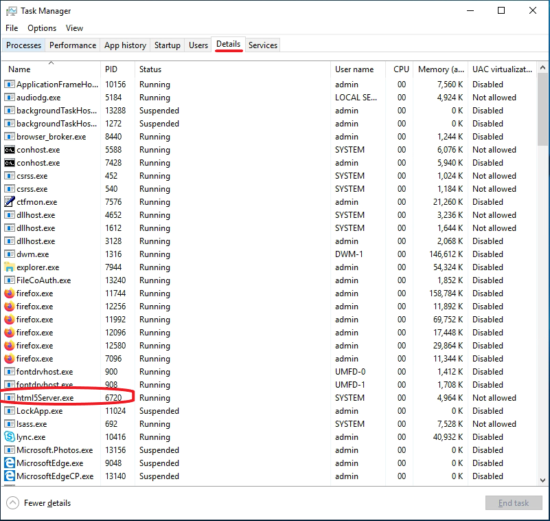 html5Server.exe running as shown in the Task Manager
