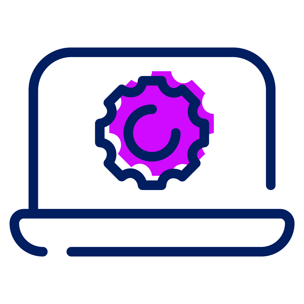 A purple and blue computer with a gear on the screen

Description automatically generated