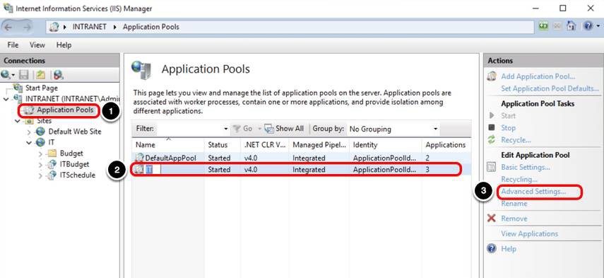A screenshot of a application pool
Description automatically generated